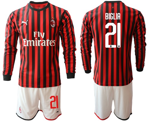 AC Milan #21 Biglia Home Long Sleeves Soccer Club Jersey